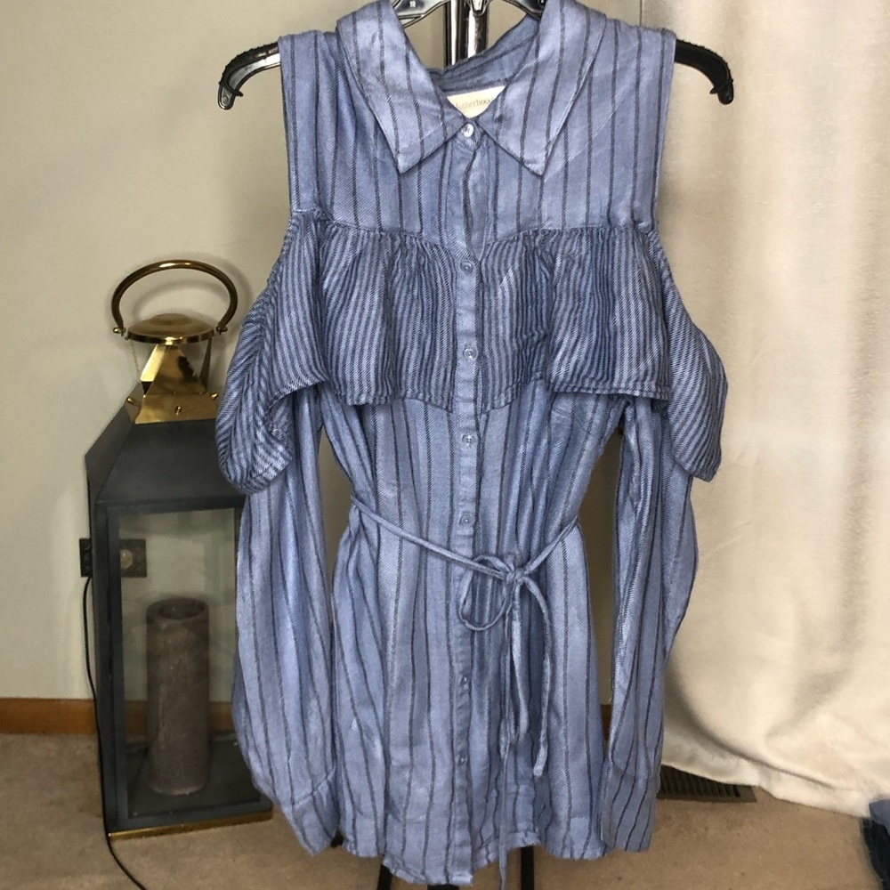 Motherhood Sexy Shoulder Cut Out Ruffle Blue Blouse Top w/Waist String (Size:XL)